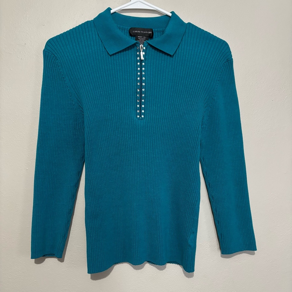 Vintage Y2K Teal Rhinestone 3/4 Sleeve Ribbed Top Shirt Size Small Cable & Gauge - Picture 7 of 10